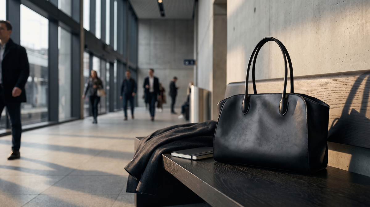 Black Marlow & Co. commuter tote in a refined editorial scene