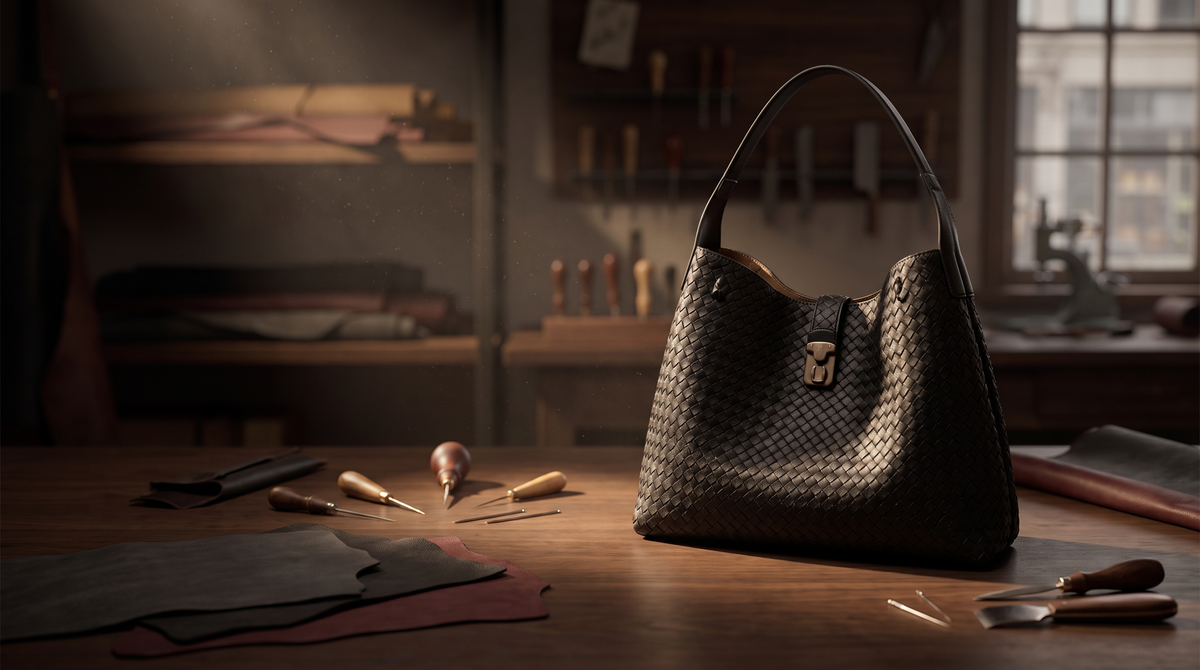 Black woven Marlow & Co. tote in a cinematic leather workshop